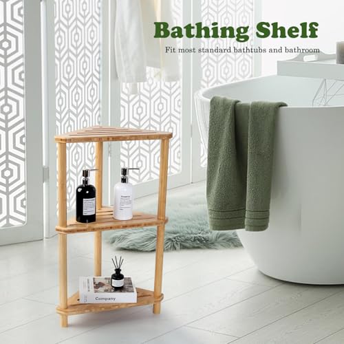 Bamboo Corner Shower Caddy Stand 3-Tier Waterproof,Free Standing Bathroom Corner Shelf Shower Stool Organizer for Inside Shower,Space-Saving Storage Shower Shelves with Anti-Slip Feet - style: GU-QZST003