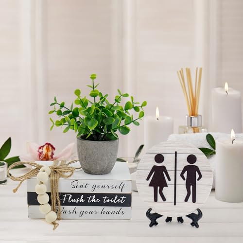 Bathroom Shelf Decor Signs, Book Stack and 3D Round Signs With Fake Plants, Funny Wooden Decor for Restroom Shelf Guest Bathroom (Flush the toilet) - color: Flush the toilet