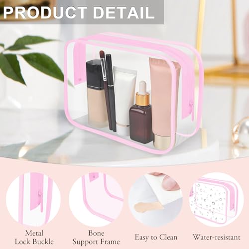 REHALY Clear Toiletry Bag, 12 Pack TSA Approved Toiletry Bag Carry on Travel Accessories Bag, Quart Size Bag for 3-1-1 Liquids Airport Airline Compliant Clear Makeup Bag with Metal Zipper (Pink Bags) - style: Pink Bags