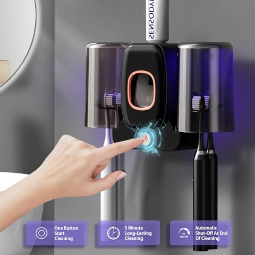Toothbrush Holders for Bathrooms, Wekity Automatic Toothpaste Dispenser Space Saving Toothbrush and Toothpaste Holder，Toothbrush Holder Wall Mounted with 2 Cups for Bathroom (Black)… - color: Black