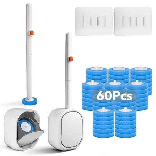 2-Pack Disposable Toilet Brush & Wand Kit, Wall-Mounted Auto-Closing Caddies with 60 Refills, Deep Cleaning System with Pre-Loaded Scrubber for Rust & Hard Water - Mess-Free Modern Design - size: 2 Brushes + 60 Refills
