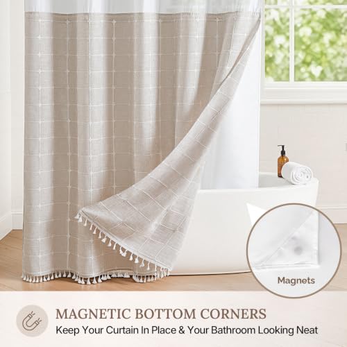 River Dream Linen Farmhouse Shower Curtain with Snap-in Liner, No Hooks Needed,with Magnets,with Tassels,Water Repellent&Machine Washable,36x74Inch - color: Linen-window, size: 36"W x 74"L (Pack of 1)