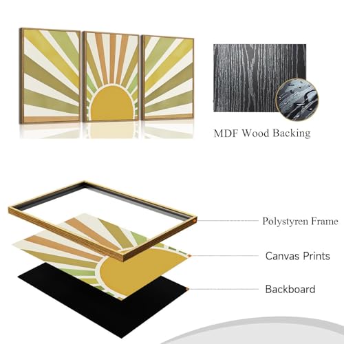Bwodke Boho Wall Art, Framed Abstract Sunshine Wall Art, Sun Rising Neutral Canvas Wall Decor, Mid Century Geometric Pictures Set of 3, Minimalist Paintings, for Bedroom Living Room Bathroom 16"x24" - color: Sunshine, size: 16"x24"Natural