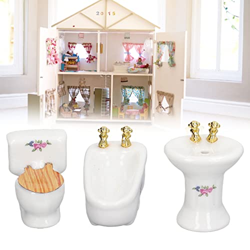 1:24 Dollhouse Miniature Bathroom Set, Ceramic Simulation Bathtub Toilet Sink, Miniature Furniture, Mini Ceramic Bathroom Furniture Set for Dollhouse Restroom Decoration (Flower Pattern)