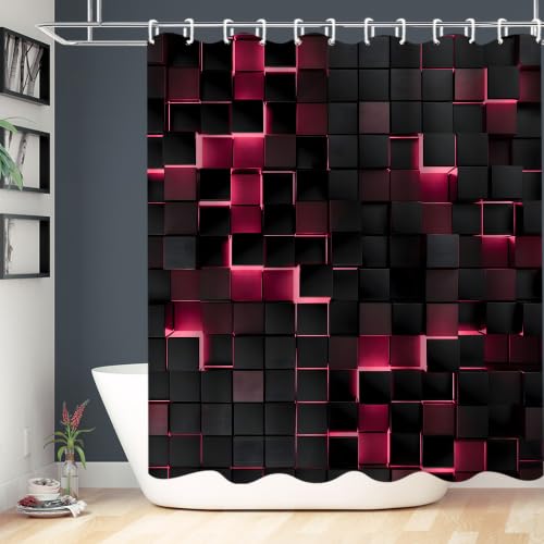 LQCOOL 4Pcs Pink Shower Curtain Set 3D Cubes Bathroom Sets Modern Shower Curtain Set for Bathroom Sets with Rugs Black and Pink Shower Curtain with 12 Hooks - color: Black Pink