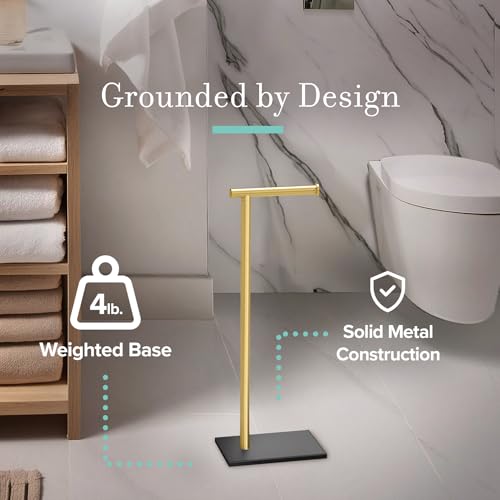 Gatco 1431MXB Modern Rectangle Base Freestanding Toilet Paper Holder, Matte Black/Brushed Brass, Weighted Base, 21.25" Bathroom Tissue Stand - color: Matte Black Brushed Brass, 21.25"h