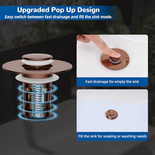 Hibbent Upgraded 3 in 1 Bathroom Sink Drain Strainer, Universal Pop Up Stopper with Removable Stainless Steel Filter Basket Hair Catcher, Sink Plug for 1.1''~2.36'' Basin, Brass Bullet Core, Rose Gold - color: Rose Gold