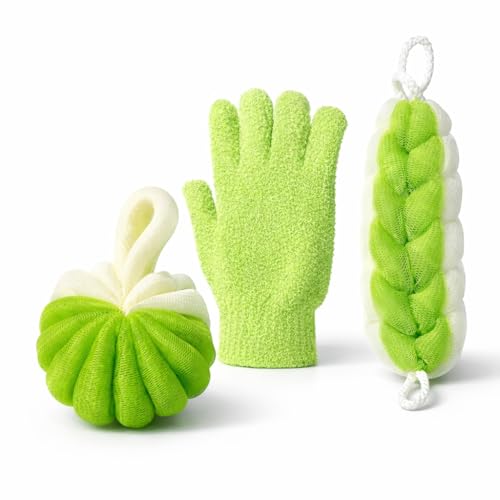 Ja'Kdrs Loofah and Exfoliating Glove Set, 2 Piece Bath Sponge Set (Lime Green & White) - color: Lime Green & White