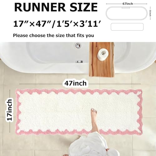 ORTIGIA Long Cute Scalloped Bathroom Rugs Runner, Fun White and Pink Plush Microfiber Scallop Bath Mats Non Slip Washable Quick Dry Absorbent, Rug Carpet for Bathtub Sink Laundry Room Bedroom, 17x47 - color: A-pink and White, size: 1'5" x 3'11" (Rectangul