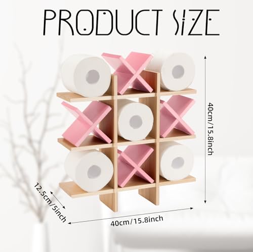 Weysat Tic Tac Toe Toilet Paper Holder Stand Bathroom Wall Decor Rustic Wooden Hanging Storage Freestanding Wall Mounted Shelves Decor for Toilet Tissue Farmhouse(Wood Color, Pink) - color: Wood Color, Pink