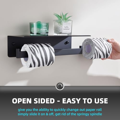 Angle Simple Matte Black Toilet Paper Holder with Shelf, 304 Stainless Steel Double Toilet Tissue Roll Holder for Wall - color: Matte Black, size: Double Rod