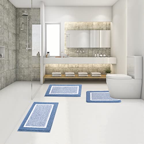 Bathroom Rugs Sets 3 Piece with U-Shaped Contour Toilet Mat Shower Rugs Absorbent Microfiber Plush Bath Mats Non Slip Bath Rugs Shaggy Floor Mats Machine Washable - color: Blue
