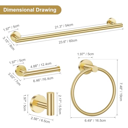 Lairuier Brushed Gold Bathroom Hardware Set, 10-Piece Towel Bar Set SUS304 Stainless Steel Bathroom Hardware Accessories Set Round Towel Holder Set Wall Mounted - color: Brushed Gold, size: 10-Piece Standard Set