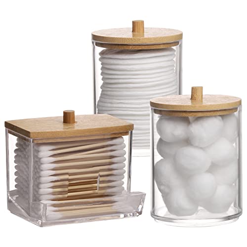 Tbestmax Qtips Holder Bathroom Container, 10/7 OZ Cotton Ball/Swabs Dispenser, Apothecary Jar Organizer for Storage Wood Lids - color: Group A-Beige Wood