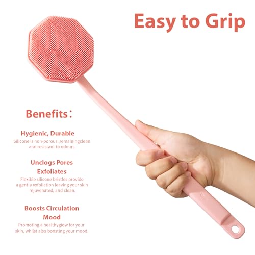 iTokGoK® Silver-Infused Silicone Back Scrubber with Long Handle Back Brush for Shower,Back Brush Long Handle for Men and Women,Ergonomic No-Slip Handle, Long-Lasting (Pink) - color: Pink