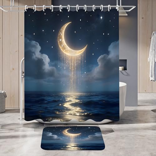 LQCOOL 4Pcs Moon Shower Curtain Set Blue and Gold Sea Bathroom Sets for Bathroom with Rugs Shower Curtain with 12 Hooks - color: Blue Moon