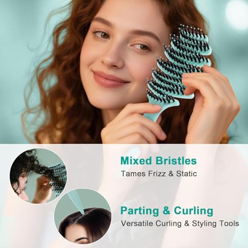Wet Natural Boar Bristle Hair Brush for Fine Hair - A Great Gift | Smoothing Vented Detangling, Hair Texture, Gentle Scalp Feel, for Women and Men, Paddle, Frizz, Thin Hair, High Quality - color: Aqua