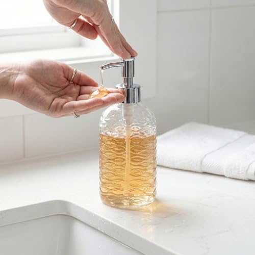 BOPPIE Ribbed Glass Soap Dispenser, Modern Countertop Hand & Dish Soap Dispenser for Bathroom/Kitchen, Refillable Liquid Soap Bottle with Rust Proof Pump Set of 2 (Clear Glass) - color: Clear Glass