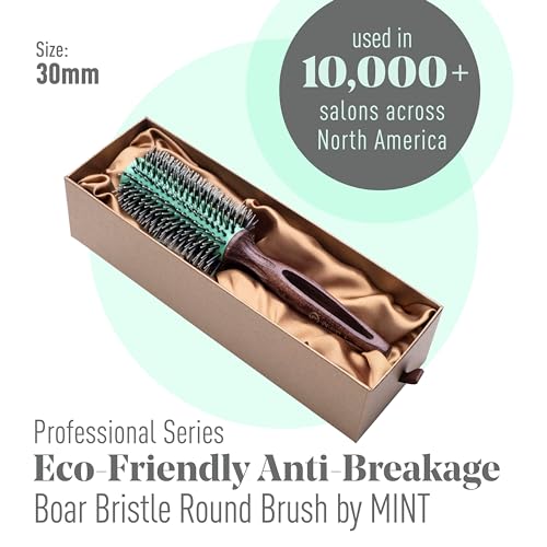 MINT Eco-Friendly Boar Bristle Round Brush for Blow Drying | Durable Blowout Styling for All Hair Types | Ceramic Round Brush with Hand-Crafted Wooden Handle (30 mm) - size: 30 mm Round Brush