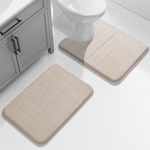 Yimobra Memory Foam Toilet Bath Mat U-Shaped, Soft and Comfortable, Super Water Absorption, Non-Slip, Thick, Machine Wash and Easier to Dry for Bathroom Commode Contour Rug, 24 X 20 Inches, Beige - color: Beige, size: 24" X 20"
