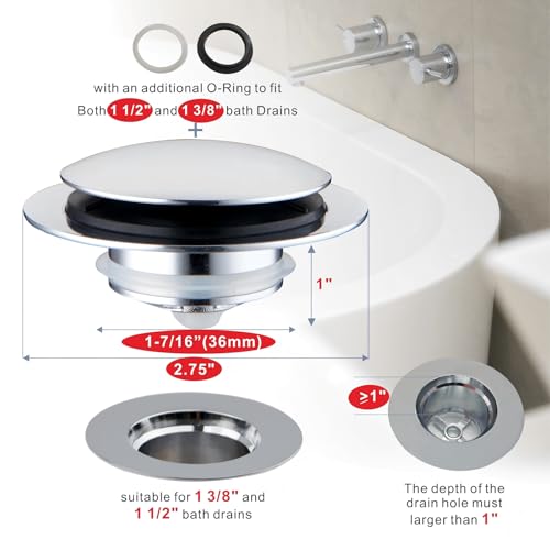 Chrome Plated Universal Tub Dain Stopper, Hidrop Pop Up Bath Drain Tip Toe Bathtub Drain Stopper,Conversion Kit Assembly, Replaces Lift and Turn, Tip-Toe and Trip Lever drains for Tub, EZ Install - color: Chrome
