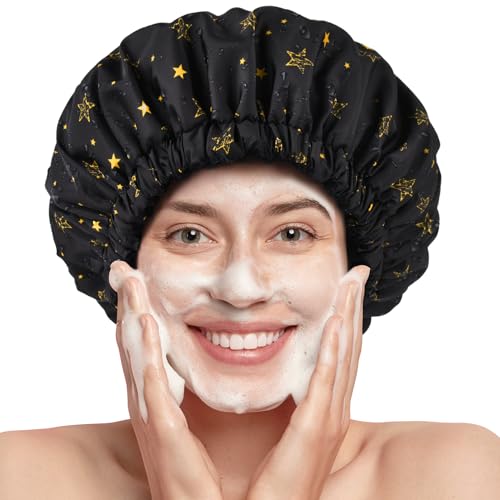 Shower Cap for Women Terry Lined Bath Cap Large Reusable Waterproof Elastic Band Black Star Shower Caps for Long Thick Hair Soft Bath Shower Hair Caps - color: Black/Gold Star