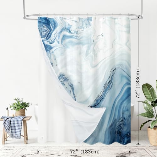 3 in 1 Blue Marble Shower Curtain Set, Modern Ripple Shower Curtain and PEVA Liner Set with 12 Stainless Steel Shower Curtain Hooks, Waterproof Fabric Shower Curtains for Bathroom, 72 W x 72 H - color: 3 in 1 - Blue, size: 72"W x 72"L (Pack of 1)