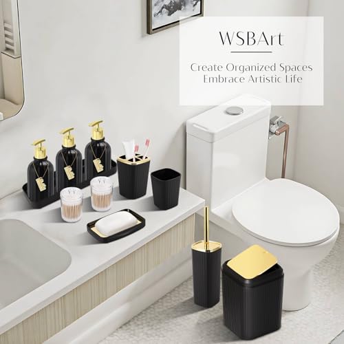 Bathroom Set, Black Bathroom Set Black and Gold Bathroom Accessories Set with Trash Can, 3PCS Soap Dispenser Bathroom Sets - size: Bath Set with Press-Top Trash Can, style: Black