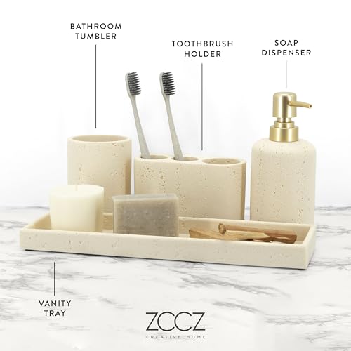 ZCCZ -Beige Bathroom Accessories Set 4 Pcs - Toothbrush Holder, Soap Dispenser, Vanity Tray, Bathroom Tumbler - Countertop Vanity Organizer - Bathroom Accessory Set- Toothbrush Holder Set, Stone Sets - color: Beige, size: 4pcs