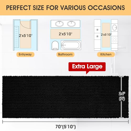 ACCUMTEK Extra Long Upgrade Luxury Black Bathroom Rug Mat 70"x24", Ultra Soft Thick Absorbent Bath Mats, Non Slip Chenille Toilet Mat for Bathroom, Bedroom, Kitchen, Shower, Tub - color: Black, size: 70"x24"