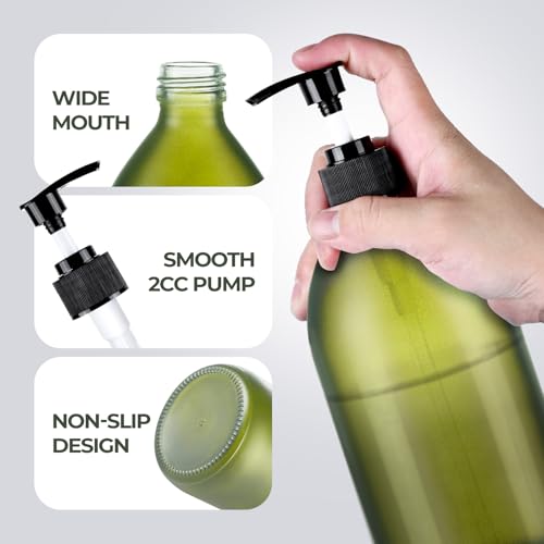 16 oz Frosted Green Glass Soap Dispenser with Pump, Glass Pump Bottle for Lotion Body Oil, 500ml Hand and Dish Soap Dispensers Set with Storage Caps, Labels - 2 Pack - color: Green