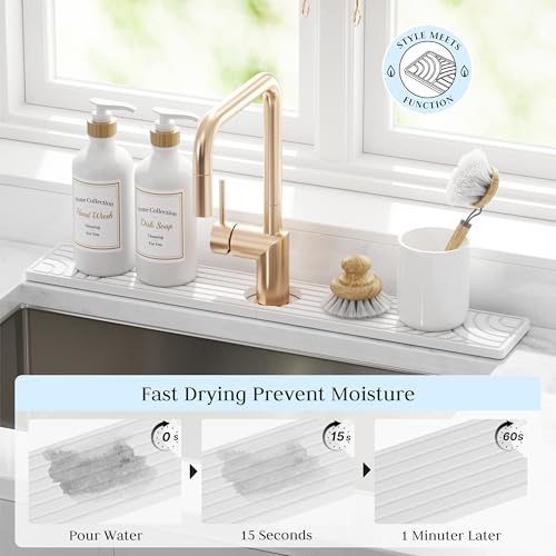 Faucet Mat for Kitchen Sink, Water Absorbing Stone Tray for Sink, 23.6" Long Diatomite Fast Drying Stone Mat, Splash Guard Faucet Mat for Bathroom Counter - color: White