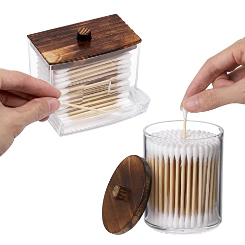 Tbestmax 3 Pack Qtips Holder Bathroom Container, 10 oz Cotton Ball/Swabs Dispenser, Apothecary Jar Organizer for Storage Brown Wood Lids - color: Group A-Brown Wood