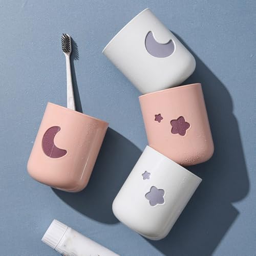 Moon-Themed Couple Mouthwash Cup Set - Simple PP Material Toothbrush Holder and Drinking Cup, Suitable for Home and Bathroom use (2-Pack)(White & Pink)