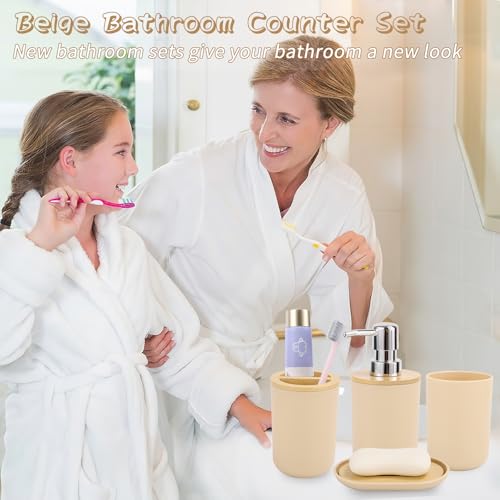 SLDIYWOW Bathroom Accessories, Beige Bathroom Accessories Sets Complete with Trash Can,Tray,Soap Dispenser,Toothbrush Holder,Toothbrush Cup,Soap Dish,Toilet Brush and Q-tip Holders for Bathroom - color: Beige