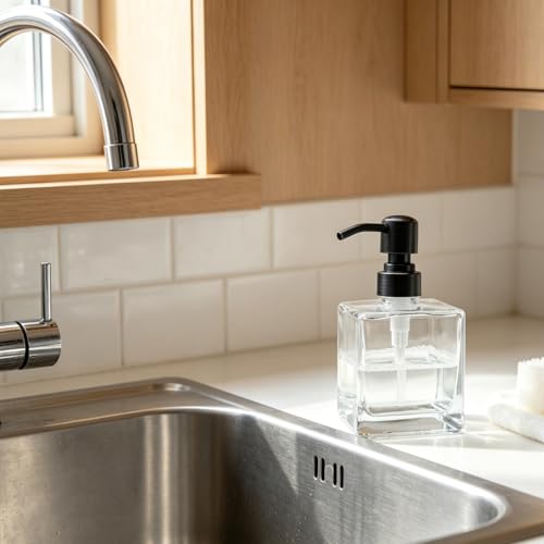 Square Bathroom Soap Dispenser Oil Rubbed Bronze, Glass Bottles with Stainless Steel Pump Retangle Cube Liquid Soap Dispenser Hand Kitchen with Waterproof Lables - color: Oil Rubbed Bronze, size: 8.4oz-Square
