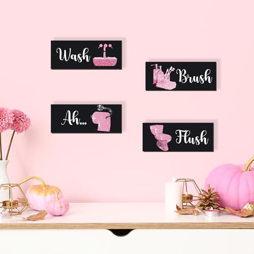 4 Pcs Pink Bathroom Decor Funny Pink And Black Bathroom Decor Wooden Modern Funny Glitter for Home Toilet Decoration(10x4 Inch) - color: Pink, size: 10 X 4 Inch
