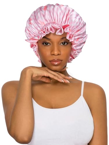 Floral Satin Bonnet with Scrunchie Set,Double Layer Ruffle Reusable Sleeping Shower Cap for Curly Hair Pink-bow - color: Pink-bow