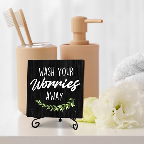 5" Funny Wooden Sign, Wash Your Worries Away Sign, Funny Bathroom Laundry Room Desk Decor, Restroom Guest Bathroom Decoration, Funny Toilet Washroom Plaque Sign Decor-A04 - color: black