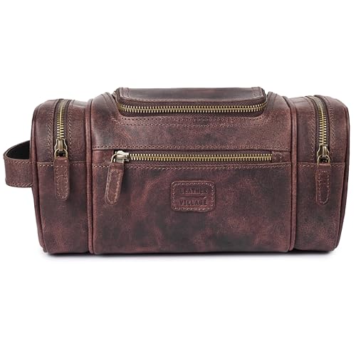 LEATHER VILLAGE Genuine Leather Travel Dopp Kit for Men & Women – Water-Resistant Large-Capacity Hanging Toiletry Bag for Travel, Grooming, Bathroom Organization, Shaving Essentials & Gym Use - Cherry - color: Cherry