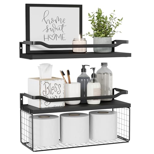 WOPITUES Floating Shelves with Wire Storage Basket, Bathroom Shelves Over Toilet with Protective Metal Guardrail, Wood Wall Shelves for Bathroom, Bedroom, Living Room, Toilet Paper-Black - color: Black