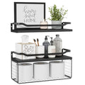 WOPITUES Floating Shelves with Wire Storage Basket, Bathroom Shelves Over Toilet with Protective Metal Guardrail, Wood Wall Shelves for Bathroom, Bedroom, Living Room, Toilet Paper-Black - color: Black