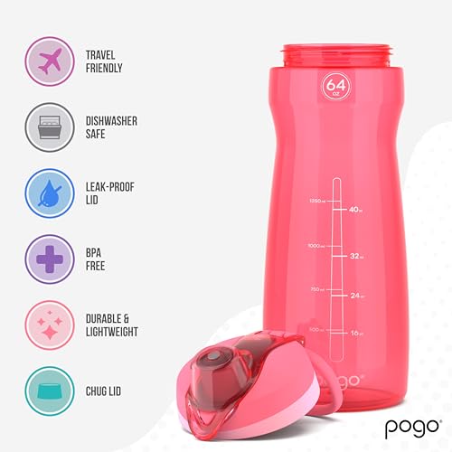 Pogo 64oz Plastic Water Bottle with Leak-Proof Chug Lid and Carry Handle, Reusable, BPA Free, Capacity Markings, Dishwasher Safe, Perfect for Travel, School, Outdoors, and Gym, Pink - color: Pink, size: 64 Ounces