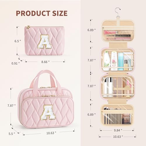 YOOLIFE Initial Hanging Toiletry Bag for Women Teen Girls Birthday Gifts for 8 9 10 11 12 13 14 15 16 Year Old Girls Hanging Travel Toiletry Bag Makeup Bags Gift for Women Teen Girl Kids Letter Pink A - color: Pink, style: A