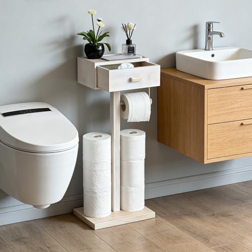 Freestanding Bathroom Toilet Paper Holder Stand with Shelf, Bamboo Toilet Paper Roll Holder with Wet Wipes Storage Drawer(Vintage White) - color: White