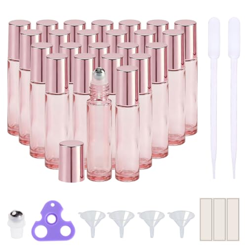 PrettyCare 24 Pack, 10 ml Essential Oil Roller Bottles with Stainless Steel Roller Ball - Refillable Leak-proof Empty Thick Pink Glass Roll on Bottles with Pink Caps for Travel, Perfume - color: Pink with Pink Cap, size: 24 Pack