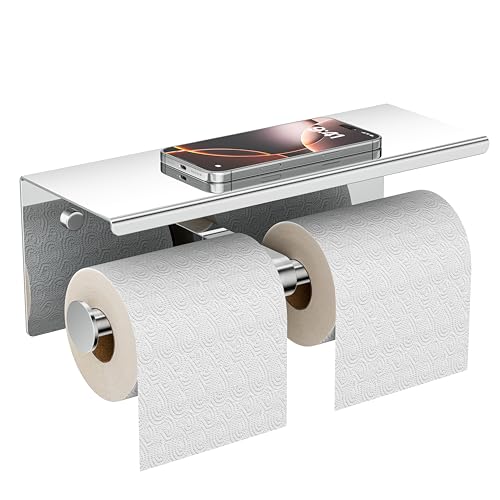 FORIOUS Double Toilet Paper Holder with Shelf, Wall Mount Tissue Roll Holder for Bathroom, 304 Stainless Steel Commercial Toilet Tissue Dispensers with Phone Shelf (1, Chrome) - color: Chrome