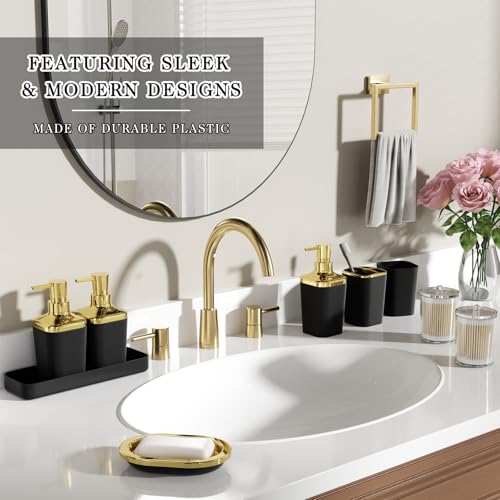 Bathroom Set - 26PC Bathroom Sets with Shower Curtain and Rugs, Bathroom Accessory Set, Black Bathroom Set, Elegant Bathroom Accessories Set, Shower Curtain Set, Trash Can & Soap Dispensers - color: Black & Gold, size: Bath Set+Shower Curtain+Bath Rugs