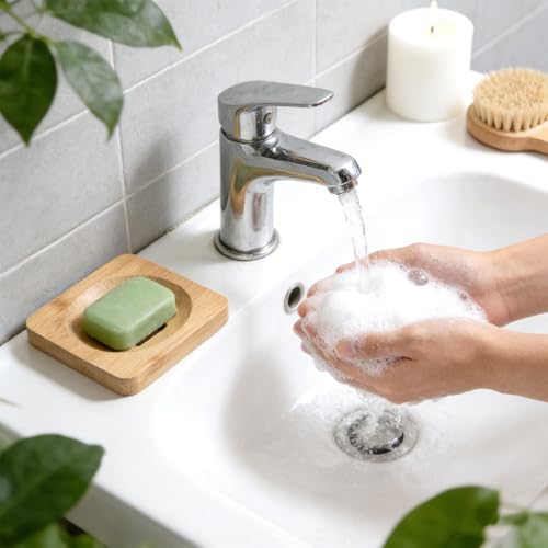 2 Pcs Bamboo Soap Holder Wooden Soap Dishes, Natural Soap Dish Wood Bar Soap Holder for Shower Home Bathroom, Shower Steamer Tray for Shampoo Bath Bomb Steamers (Round and Square)