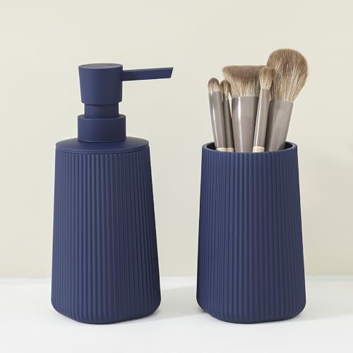 YAUKPH Bathroom Accessories Set 2 Piece Soap Dispenser and Toothbrush Holder for Bathroom Countertop Striped Blue - color: Striped Blue